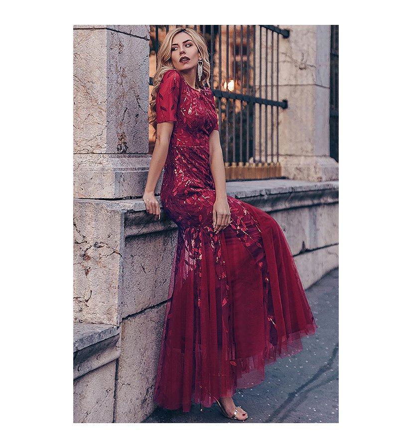 Vinrød festkjole ærmer 7007 - Amelia Couture kjoler