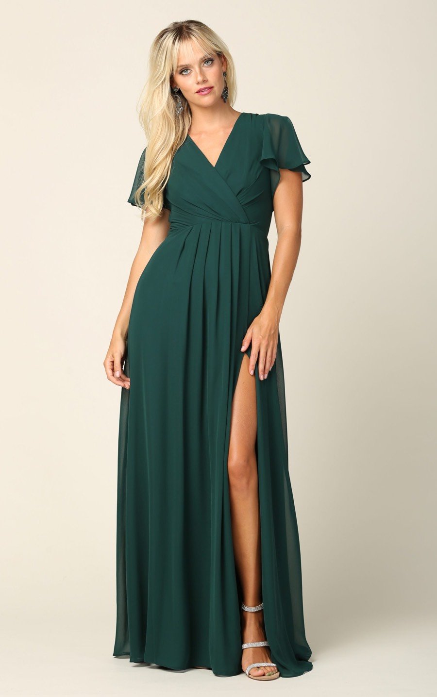 grøn festkjole med korte ærmer og slids - Eva Collection - tp kjoler