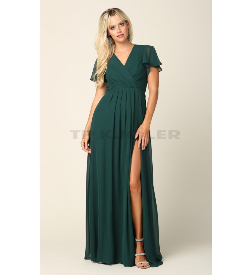 Lang grøn festkjole med korte og slids - Eva Collection - tp kjoler