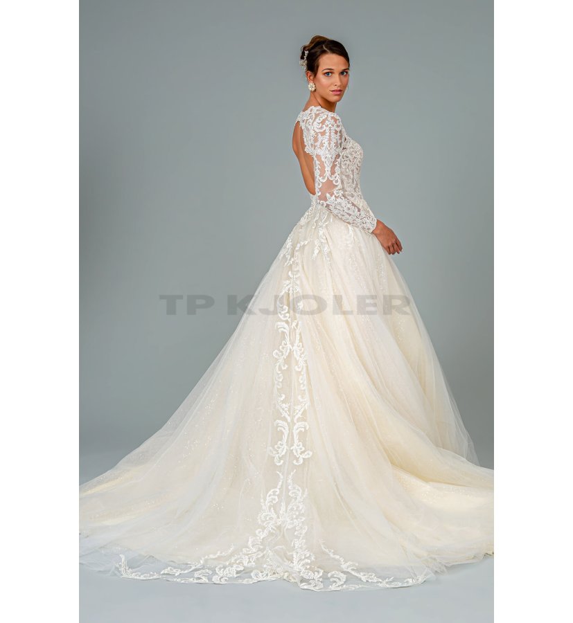 Sølv elektronisk Mappe Brudekjole med lange ærmer og åben ryg - Brudekjoler - tp kjoler