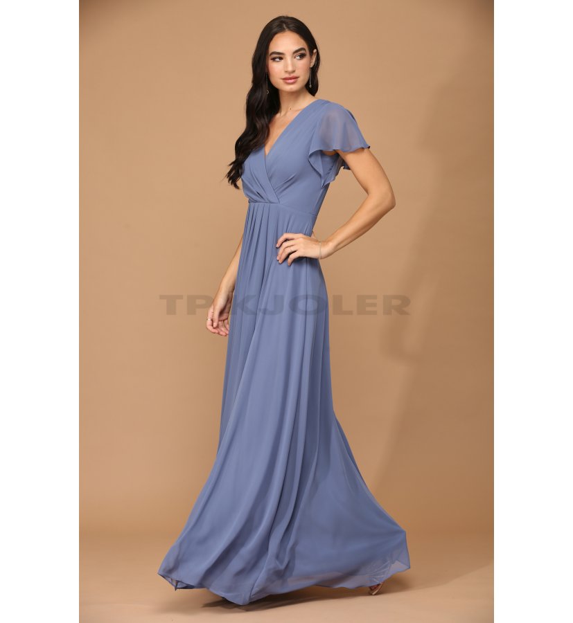 Støvet blå festkjole med ærme - Eva Collection - kjoler