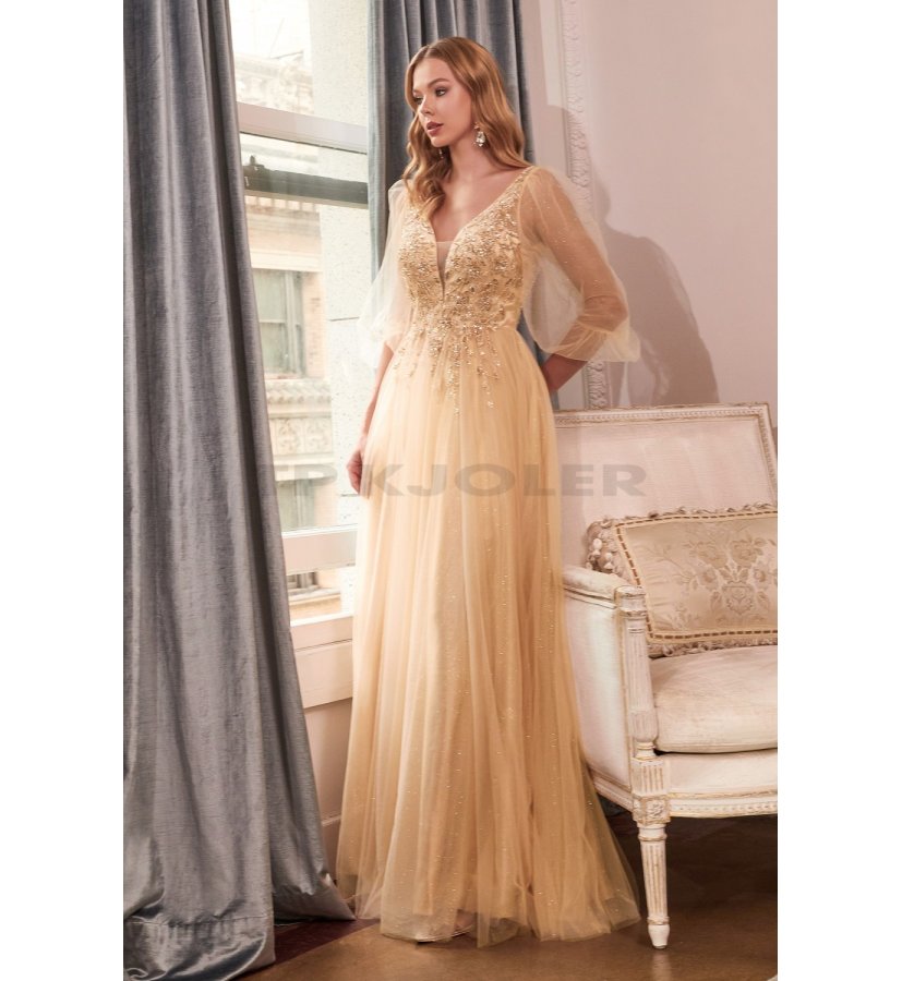 Champagnefarvet gallakjole med glitter og ærmer - Cinderella tp kjoler